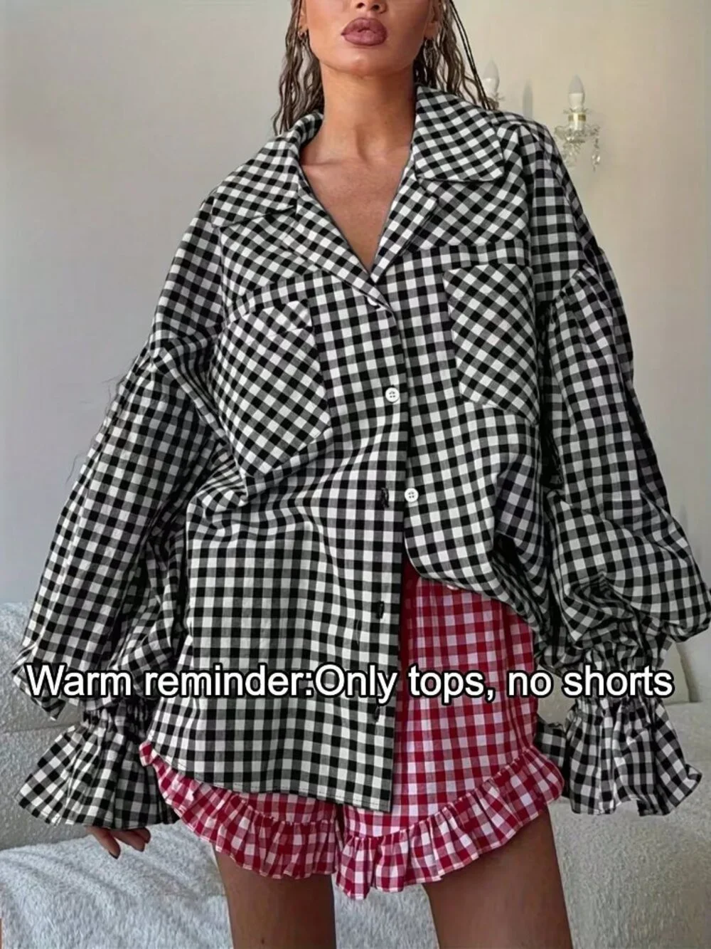 Black And White Casual Women's Plaid Long Sleeve Shirt With Pockets And Buttons - Picture 5 of 5